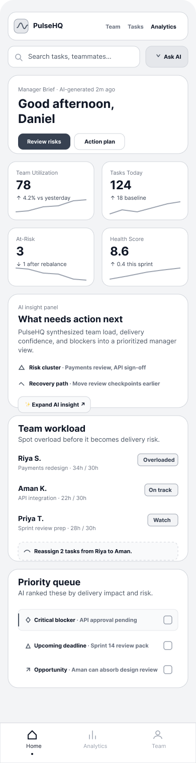 PulseHQ Mobile Home Screen Wireframe